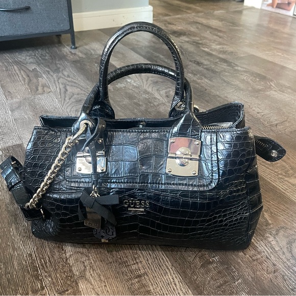 Guess Black Crocodile-Embossed Satchel - Picture 1 of 8